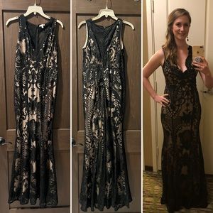 Saved by the Dress floor length lace dress with nude underlay.